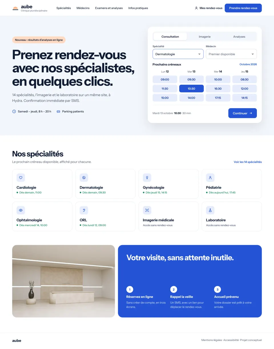 Concept Clinique Aube, page d’accueil du site
