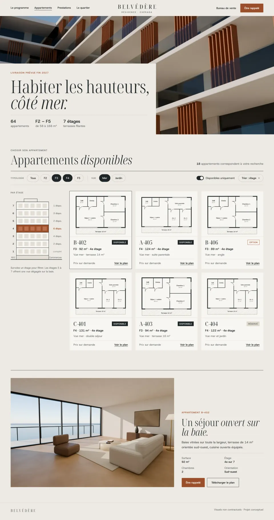 Concept Résidence Belvédère, page des appartements disponibles avec filtres et plans